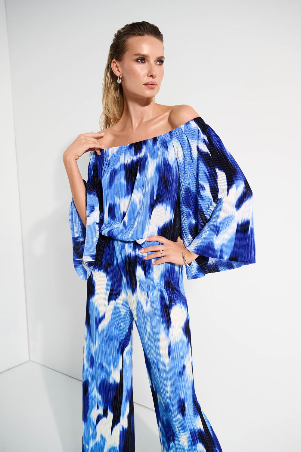 Joseph Ribkoff Blue/Vanilla Pleated Novelty Tropical Print Off-Shoulder Top